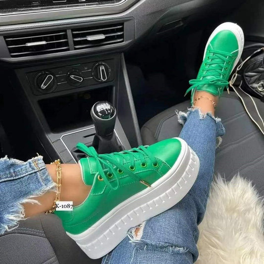Sarah Express Women's Chunky Heel Lace-Up Ankle Boots | Patent PU Leather Platform Sneakers Green