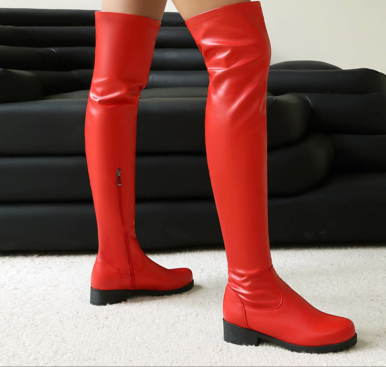 Sarah Express Women's Stretchy Over-the-Knee Boots | Low Heel Side Zipper Red