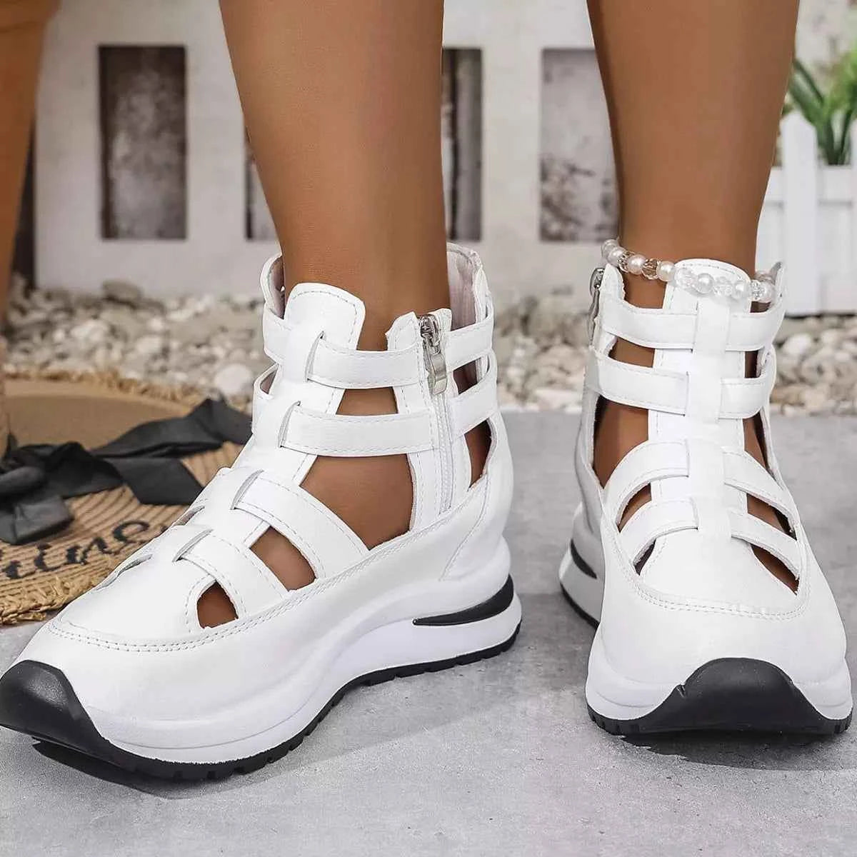 Sarah Express Women's Cutout Platform Sneakers | Low Heel PU Leather Shoes