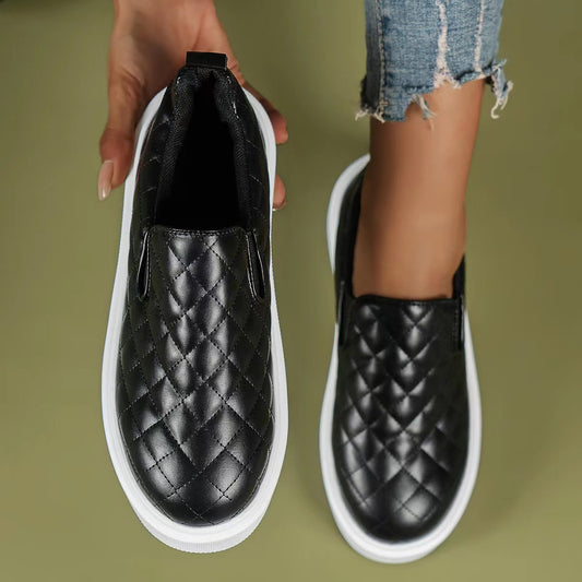 Sarah Express Women's Plaid Platform Flat Shoes | PU Leather Round-Toe Slip-On