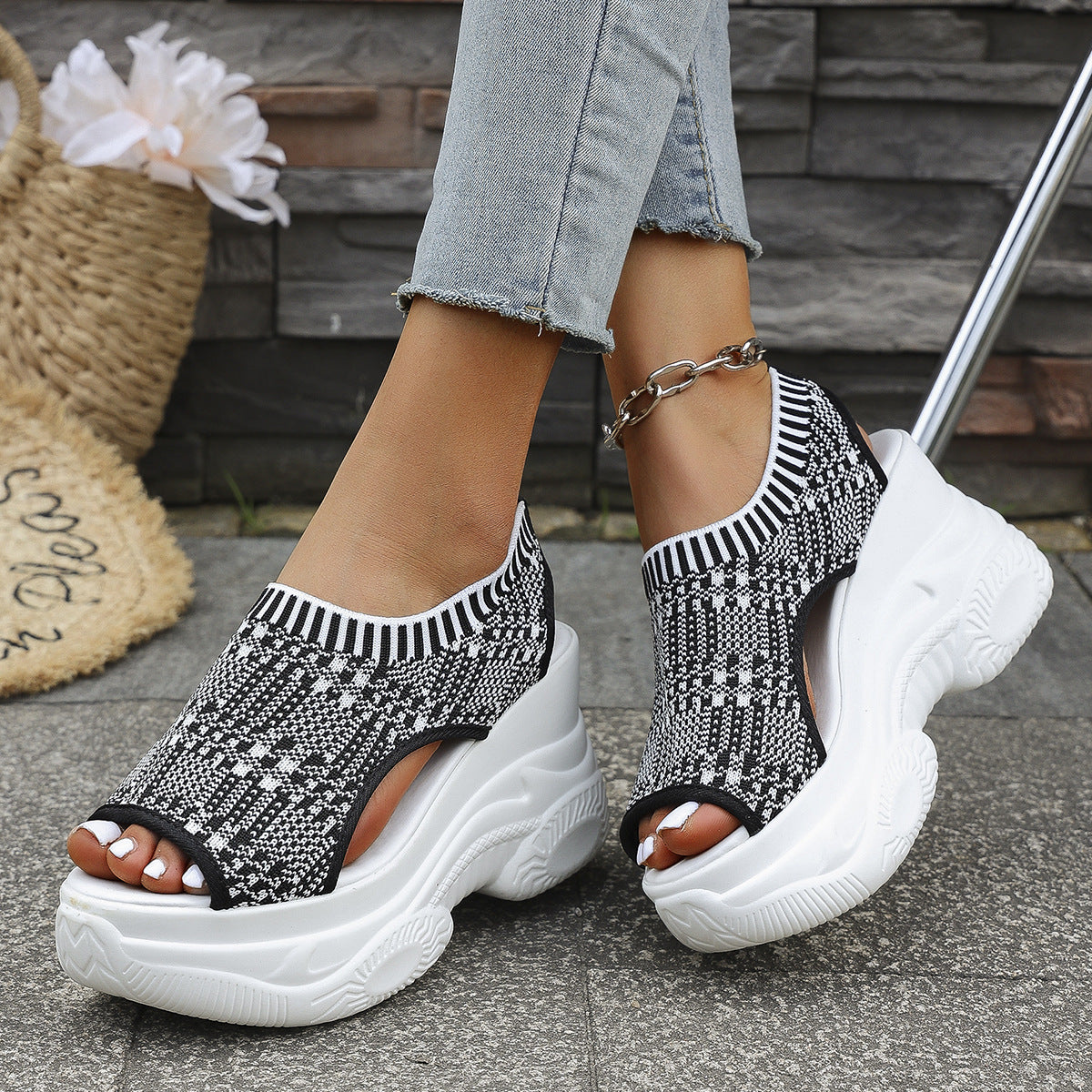 Sarah Express Women's Slip-On Flyknit Sporty Sandals | Thick-Soled Peep-Toe Mesh Sneaker Sandals Color
