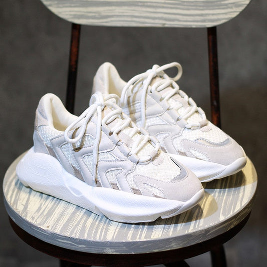 Women's Breathable Flat Casual Sports Sneakers – White and Grey Mesh Upper
