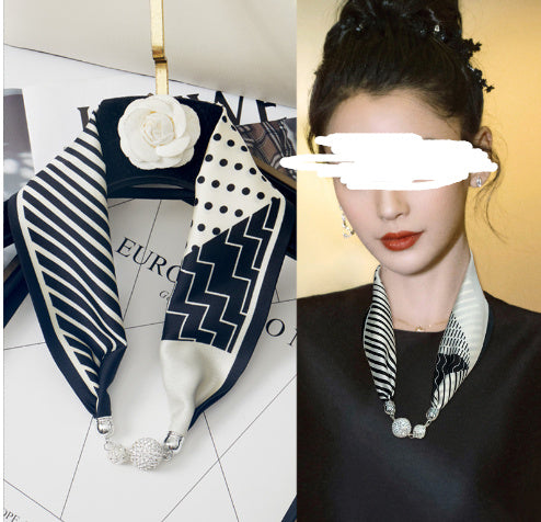 Magnetic Buckle Silk Scarf with Pearl Detail Women's Rectangular Necklace Scarf