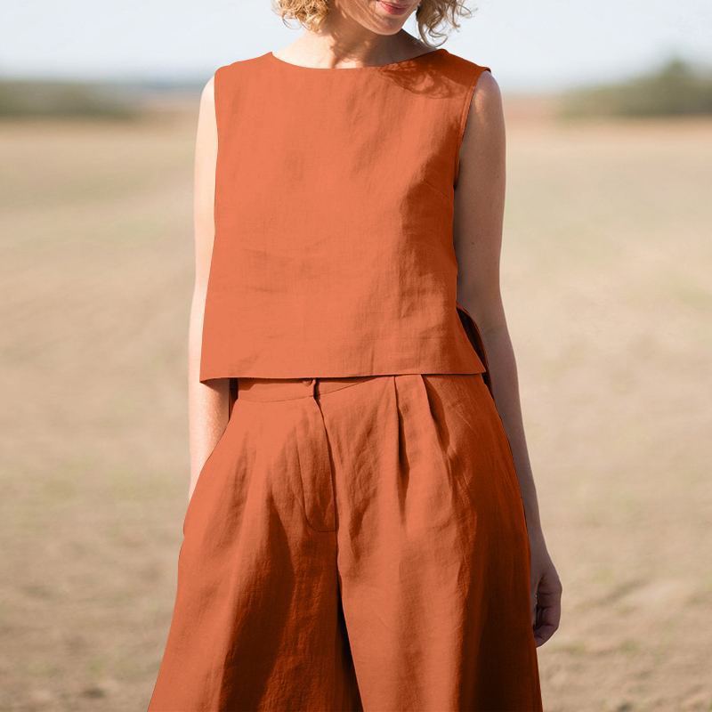 Cotton Linen Loose Two-Piece Set Top and Pants