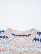 Sarah Express Women's Stripe Eyelet Patterned Drop Shoulder Sweater