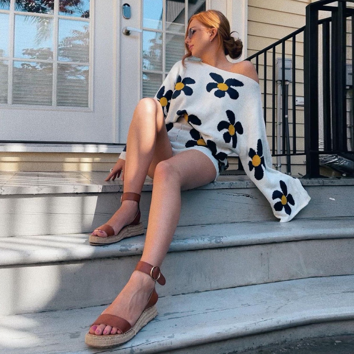 Women's Embroidered Floral 2-Piece Sweater Set Wide Leg Shorts