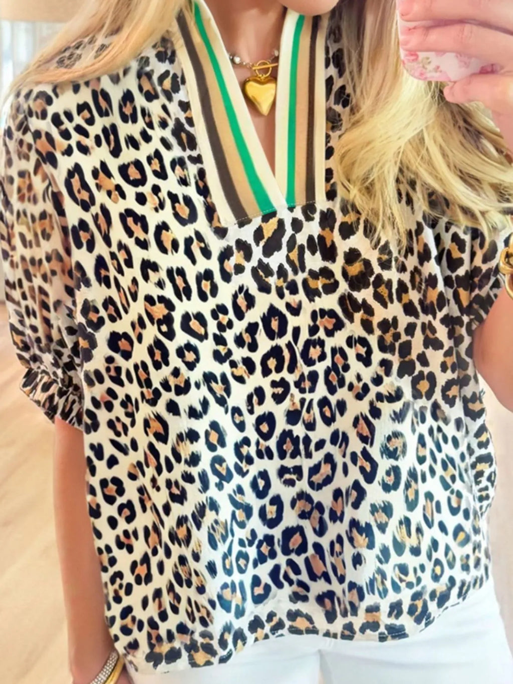 Sarah Express Women's Leopard Print Notched Blouse with Striped Trim