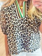 Sarah Express Women's Leopard Print Notched Blouse with Striped Trim