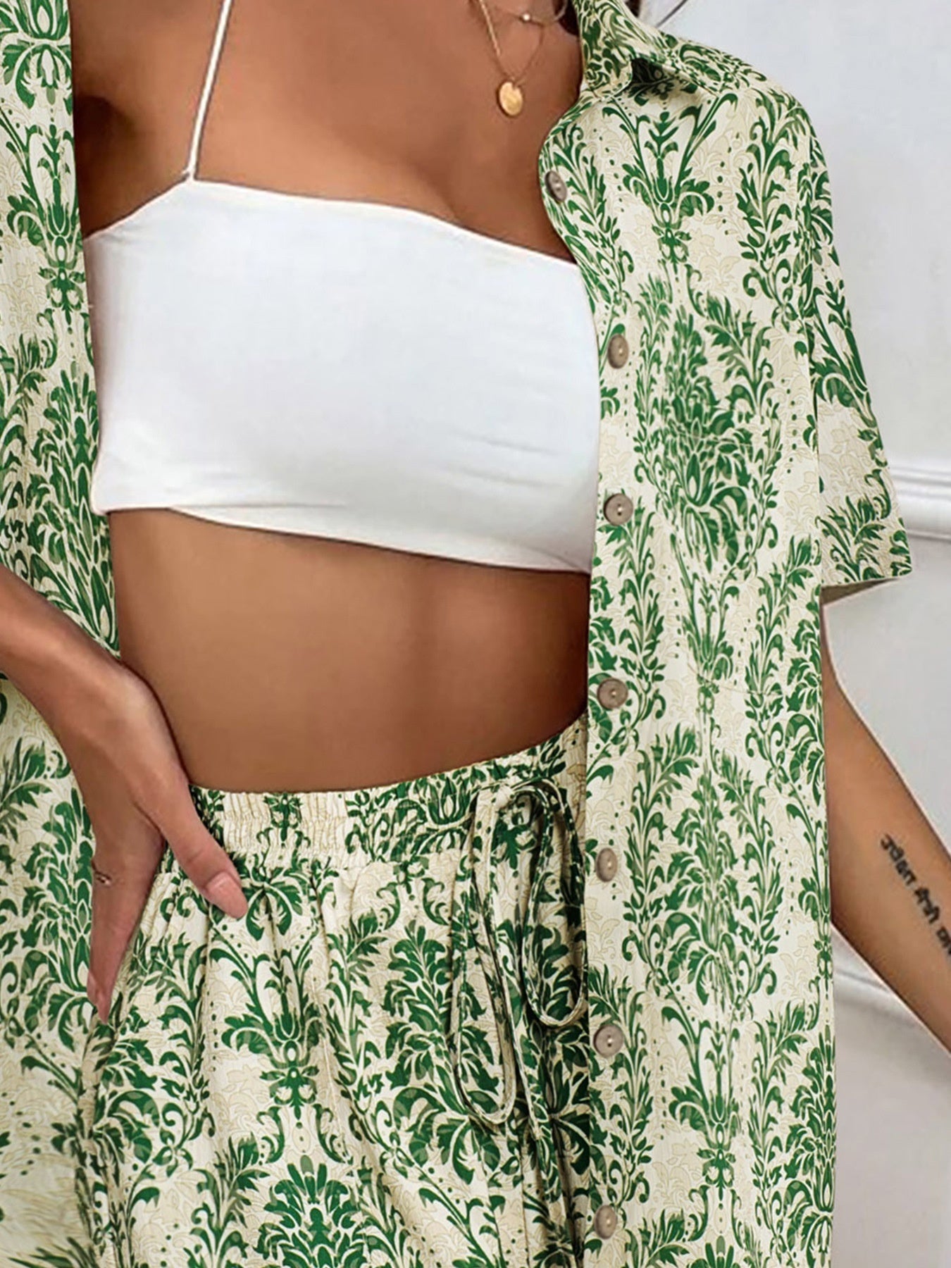 Women's Two-Piece Shirt & Shorts Set - Solid Color Cotton Coordinated Suit