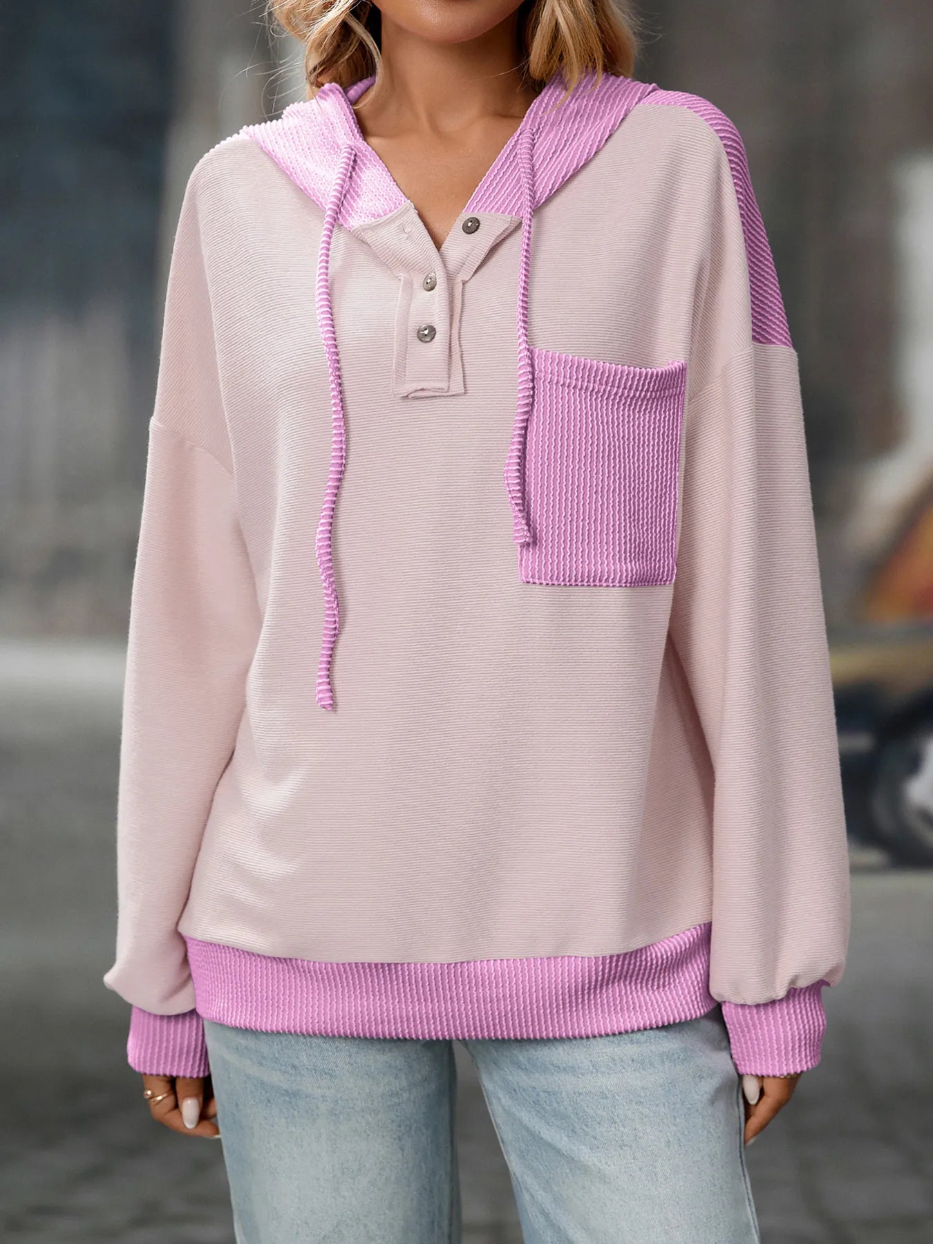 Sarah Express Women's Drawstring Button Detail Long Sleeve Hoodie