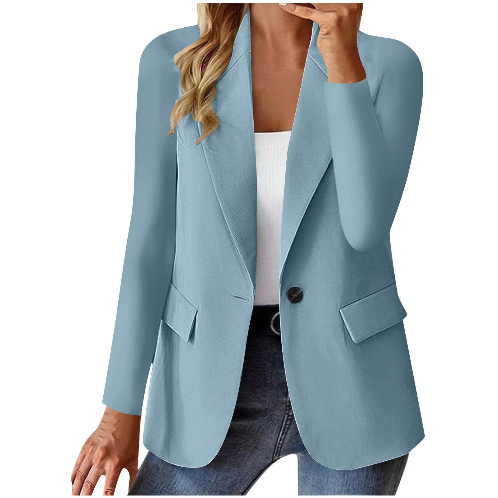 Women's Button-Front Blazer Jacket Long Sleeve Lapel Suit Jacket with Pockets