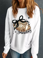 Sarah Express Women's Game Day Leopard Rugby Graphic Crew Neck Sweatshirt White