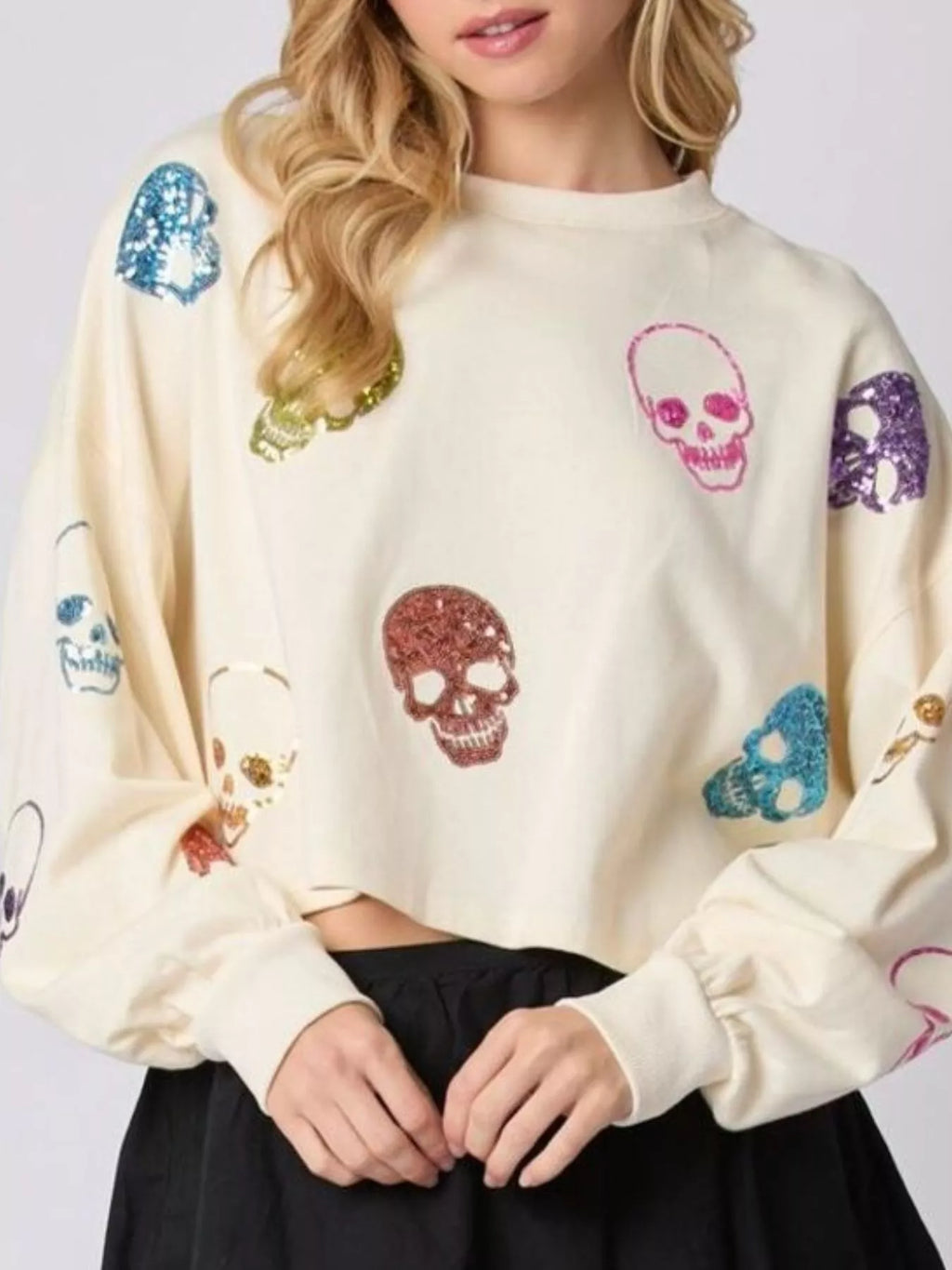 Sarah Express Women's Sequin Skull Long Sleeve Sweatshirt Ivory