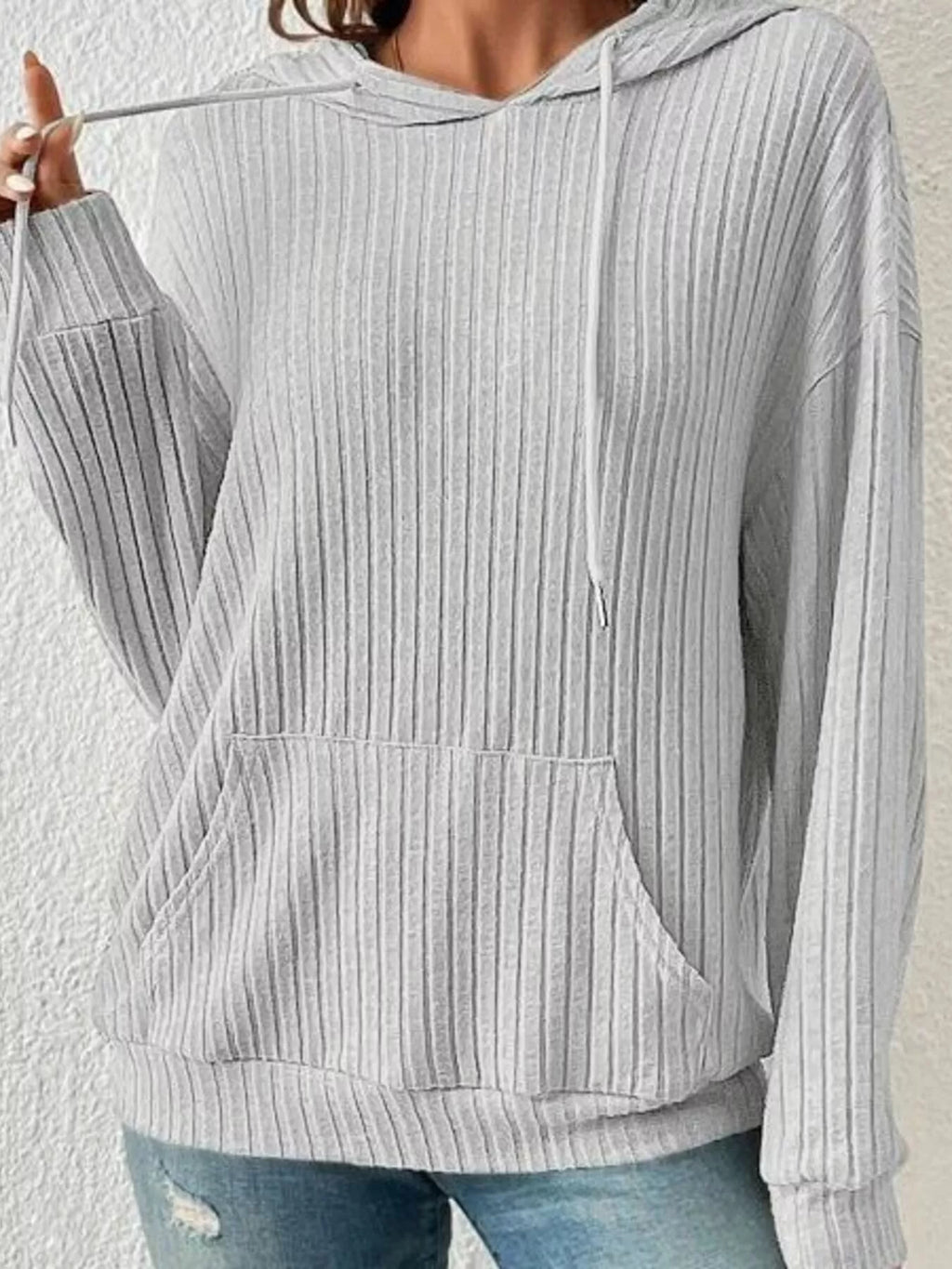 Sarah Express Women's Ribbed Knit Long Sleeve Drawstring Hoodie