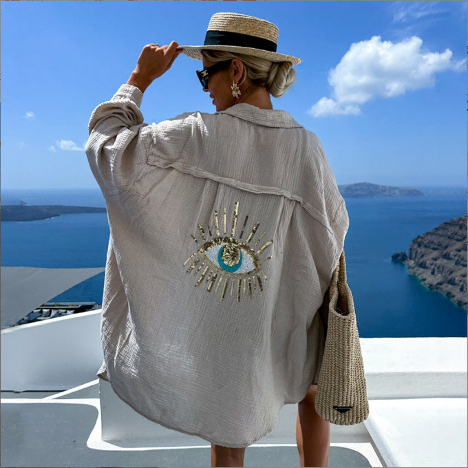 Sequin Beaded Beach Cardigan Shirt Long Sleeve Loose Fit