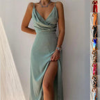Women's V-Neck Slit Maxi Dress Sling Strap Sleeveless Summer Irregular Hem Polyester Dress