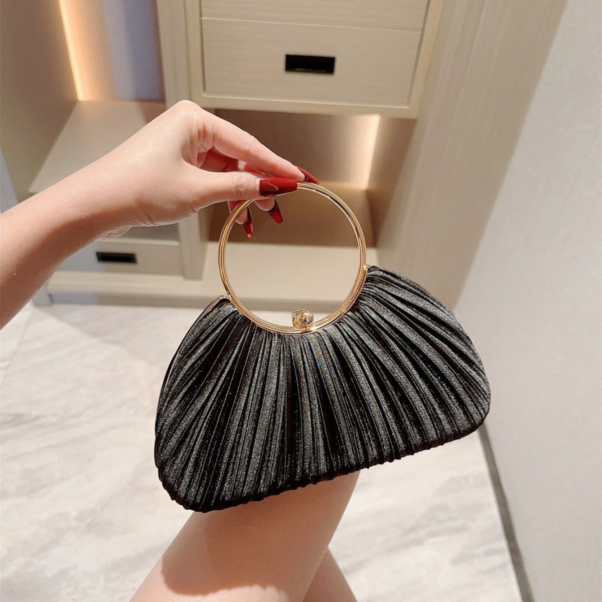 Sarah Express Elegant Satin Pleated Evening Clutch Bag - Cheongsam Style Formal Handbag with Hasp Lock