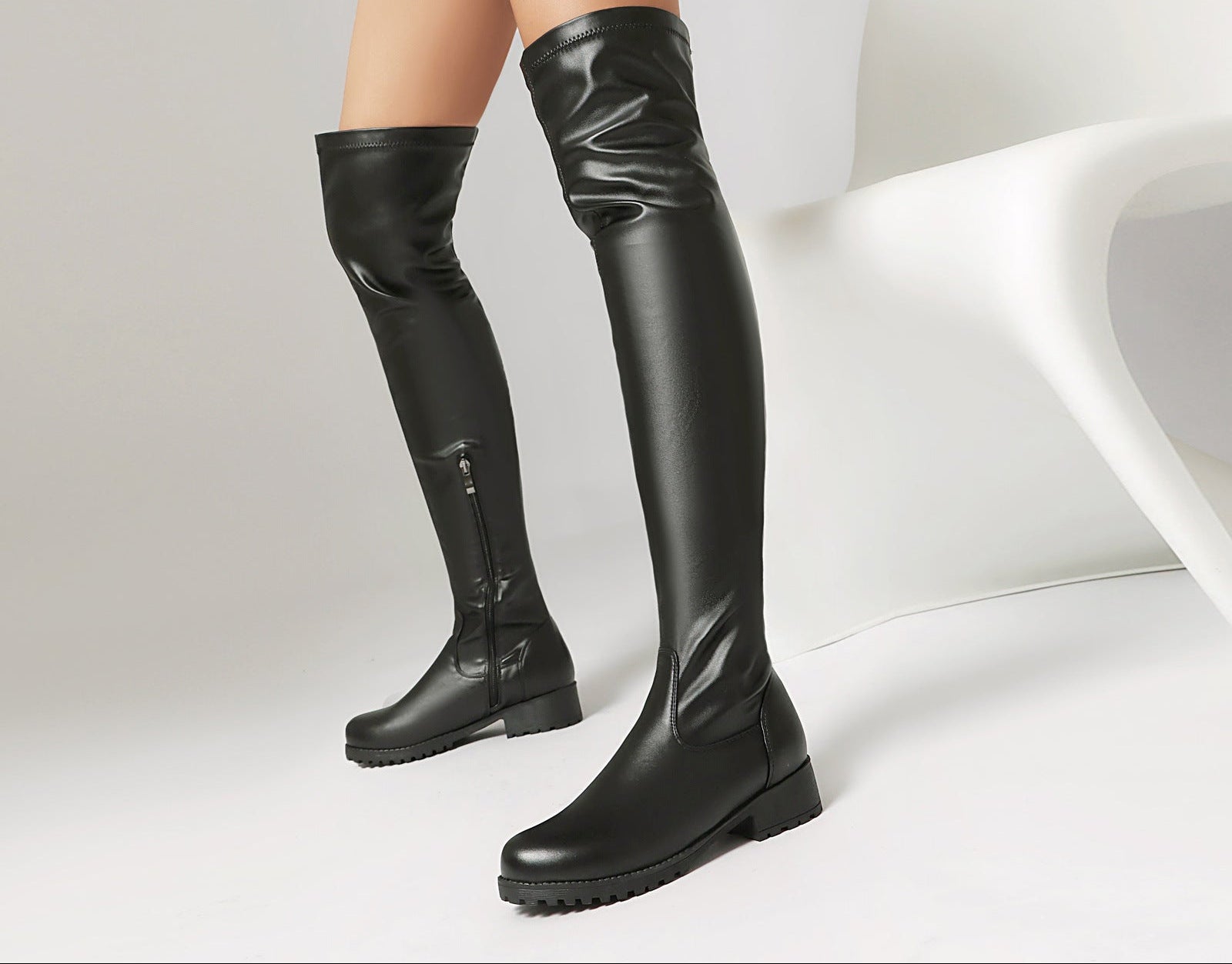 Sarah Express Women's Stretchy Over-the-Knee Boots | Low Heel Side Zipper Black