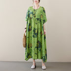 Renaissance Cotton Blend Maxi Dress Short Sleeve Round Neck Swing Silhouette