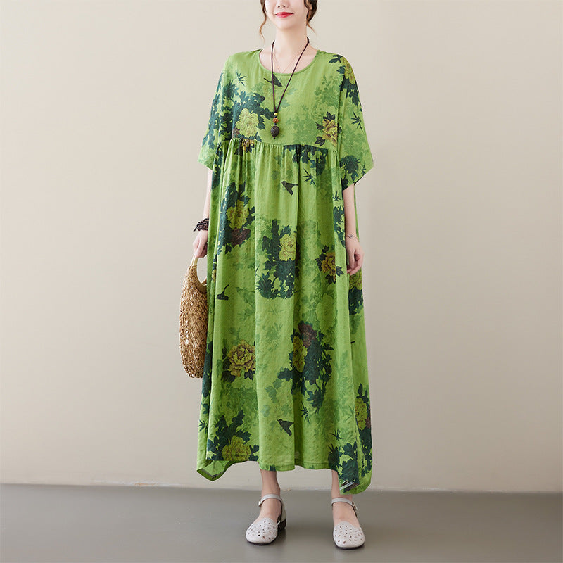 Renaissance Cotton Blend Maxi Dress Short Sleeve Round Neck Swing Silhouette