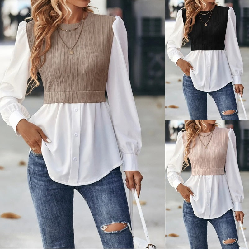 Wavy Stripe Blouse Long Sleeve Stitching Detail Pullover Top