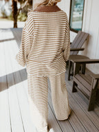 Sarah Express Women's Stripe Collared Top and Drawstring Pant Set