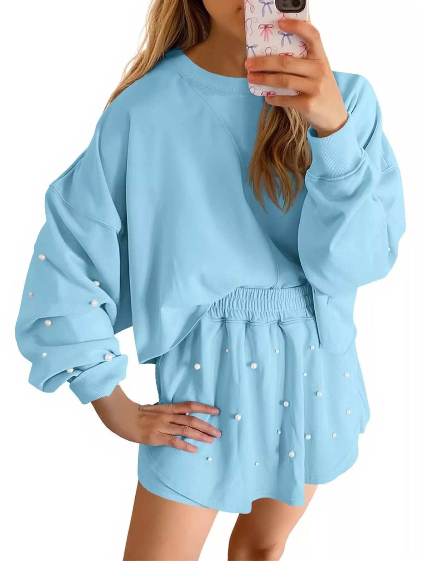 Sarah Express Women's Pearl Embellished Round Neck Top and Skort Set Sky Blue