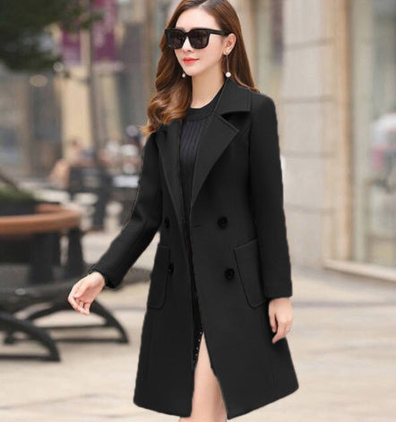 Women's Vintage Windbreaker Knee Length Tweed Coat Double Breasted Long Sleeve