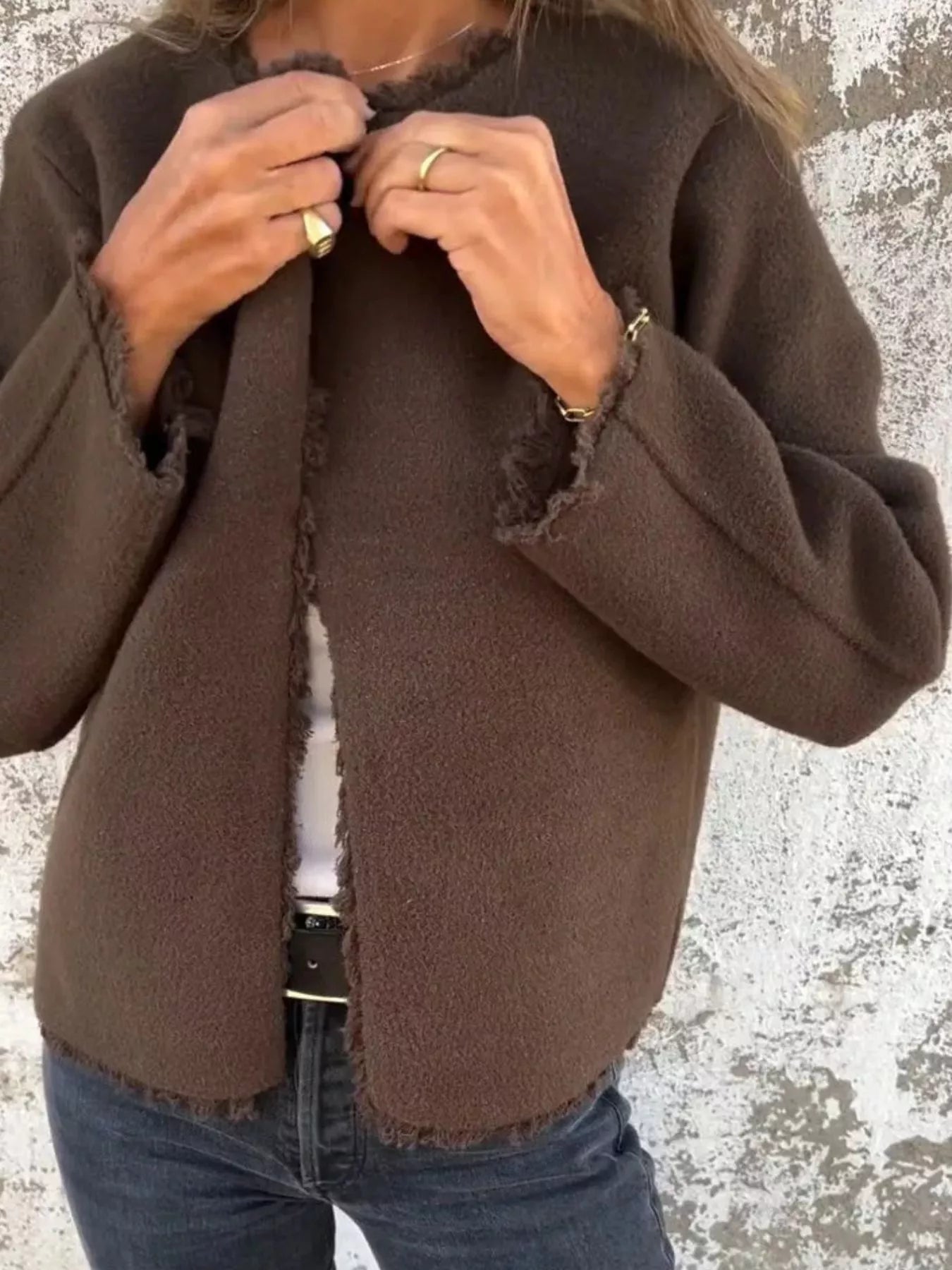 Sarah Express Women's One Button Frayed Edge Cardigan Plus Size Brown