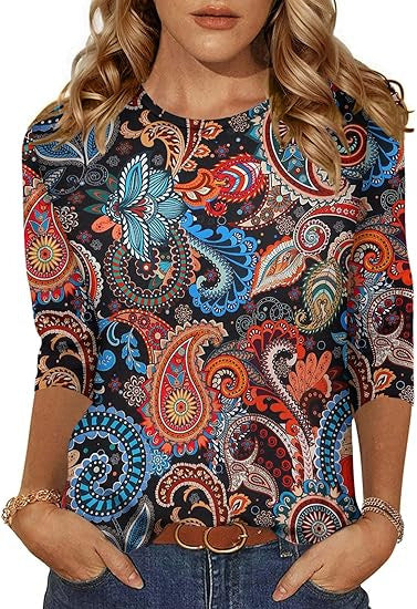 Women's Three-Quarter Sleeve Floral Print T-Shirt Top