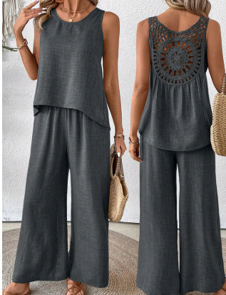 Women's Sleeveless Top and Pants Set with Lace Back Detail