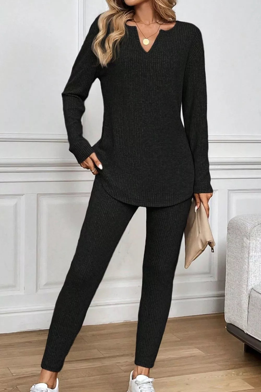 Sarah Express Women's Notched Long Sleeve Top and Pants Set