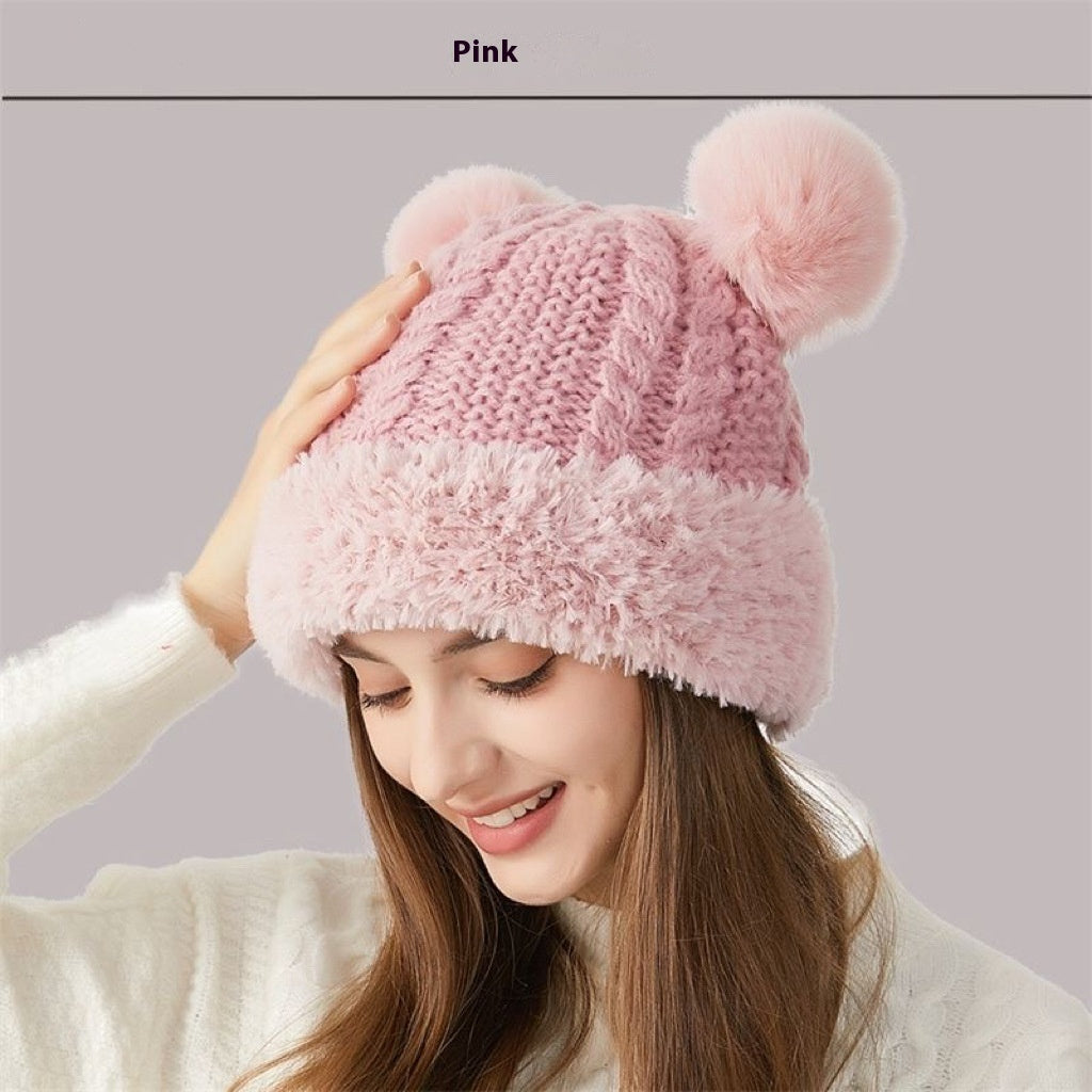 Women's Double Pom-Pom Knitted Winter Hat Fur Ball Dome Crown Windproof
