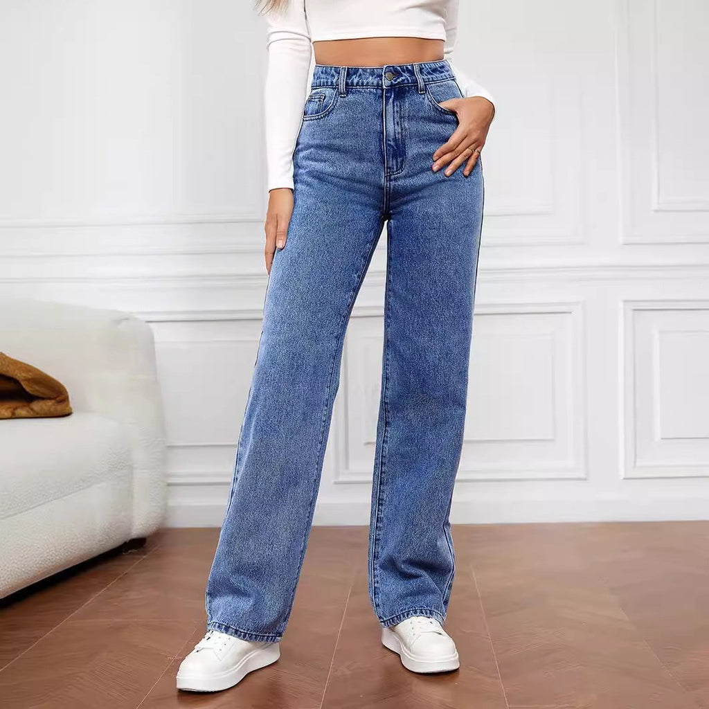 Women's Mid-Waist Straight Leg Jeans - Washed Cotton Denim S-5XL Available in 9 Colors
