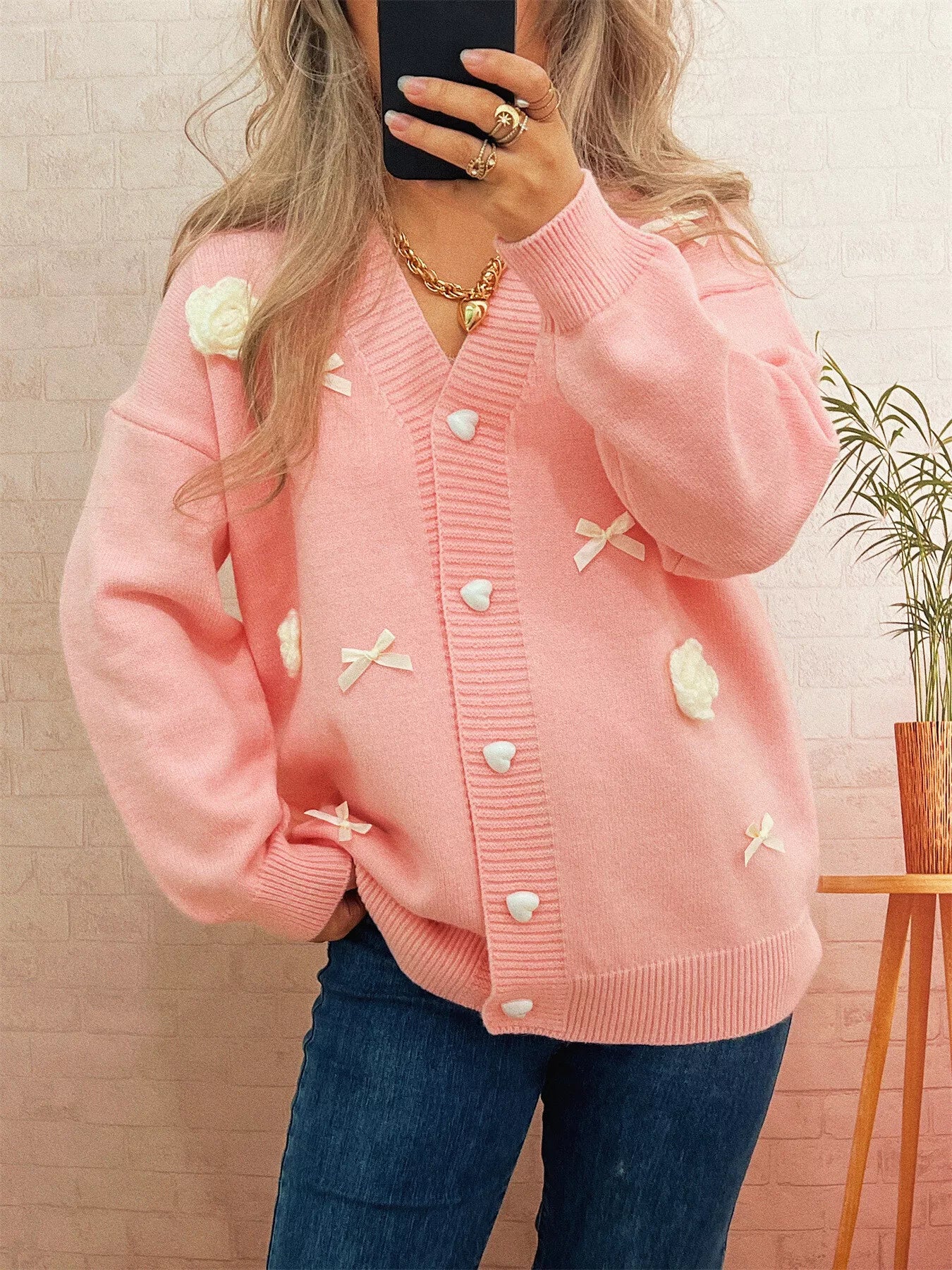 Sarah Express Women's Flower Heart Button Long Sleeve Cardigan Pink One Size