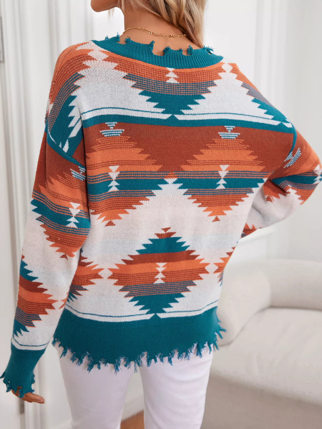 Sarah Express Women's Geometric Frayed Hem V-Neck Long Sleeve Sweater