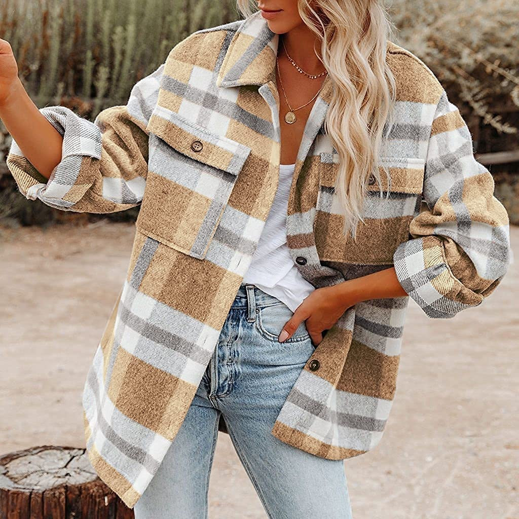 Women's Plaid Flannel Woolen Button-Up Shirt Urban Cardigan Style