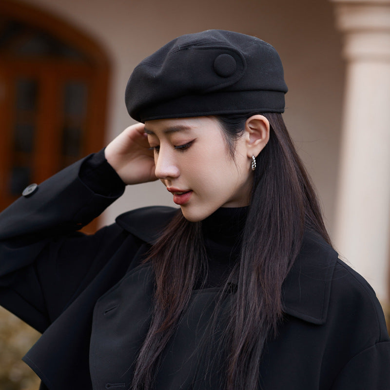 Button Detail Dome Crown Beret Hat Cotton Blend Classic Fall Winter Accessory