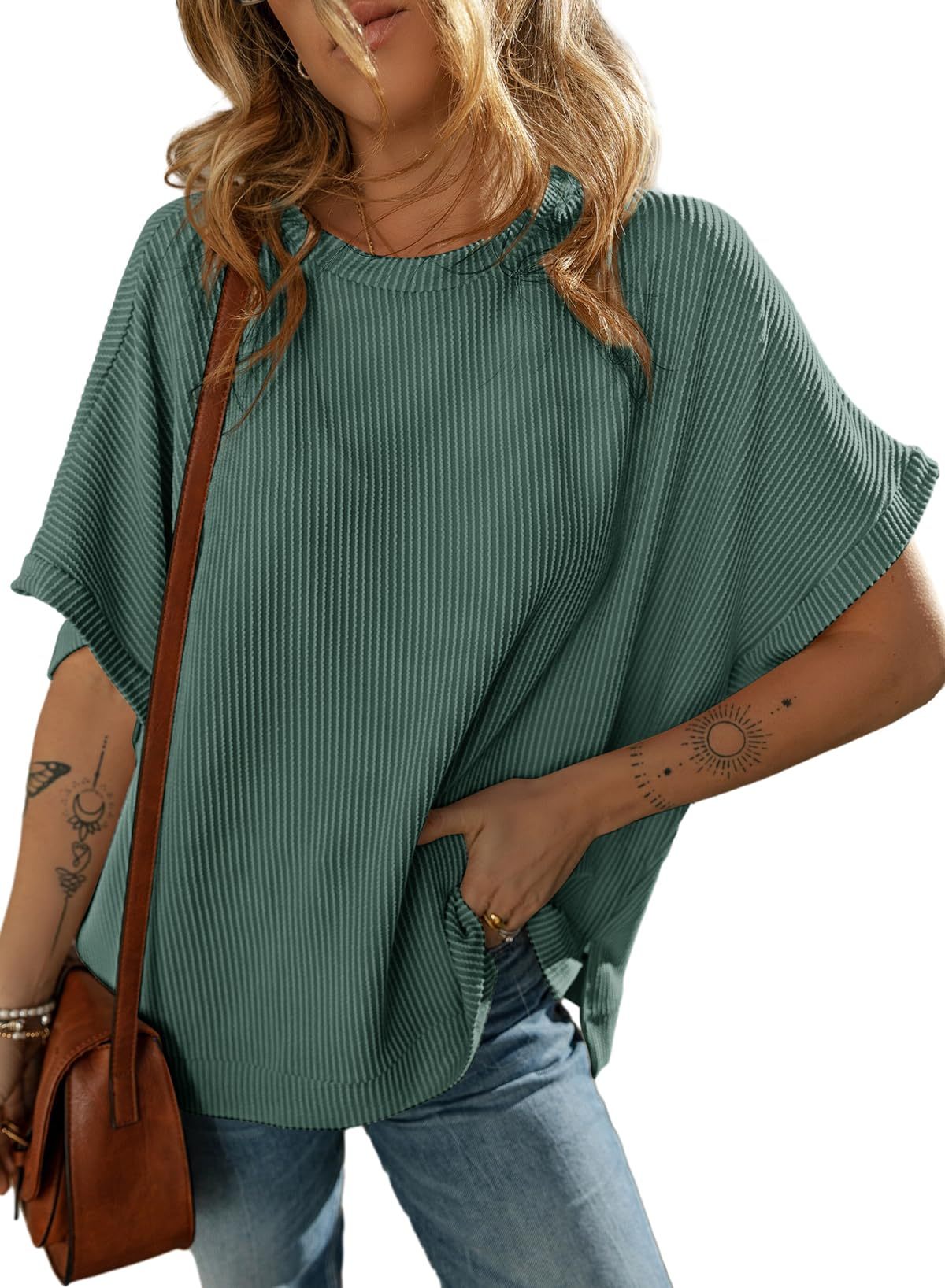 Solid Color Knitted T-Shirt Women's Half Sleeve Loose Casual Pullover Top