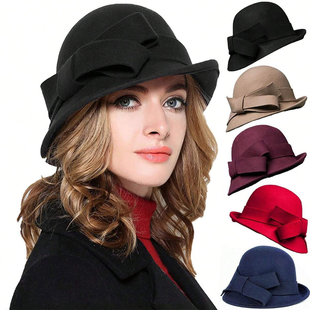 Women's French Style Retro Bowler Hat Dome Crown with Bow Accent Polyester