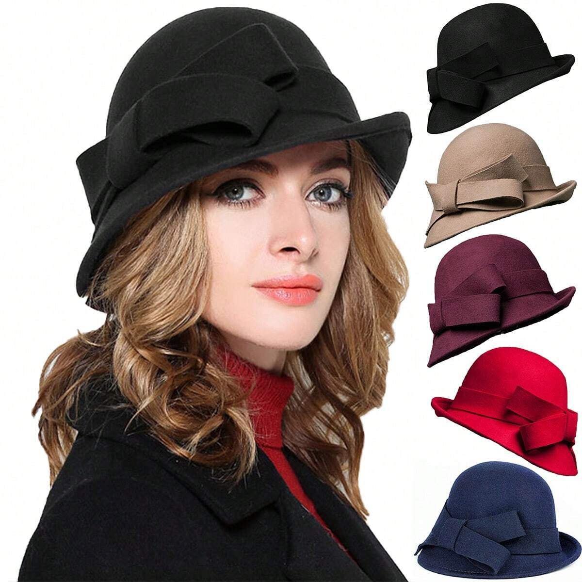 Women's French Style Retro Bowler Hat Dome Crown with Bow Accent Polyester