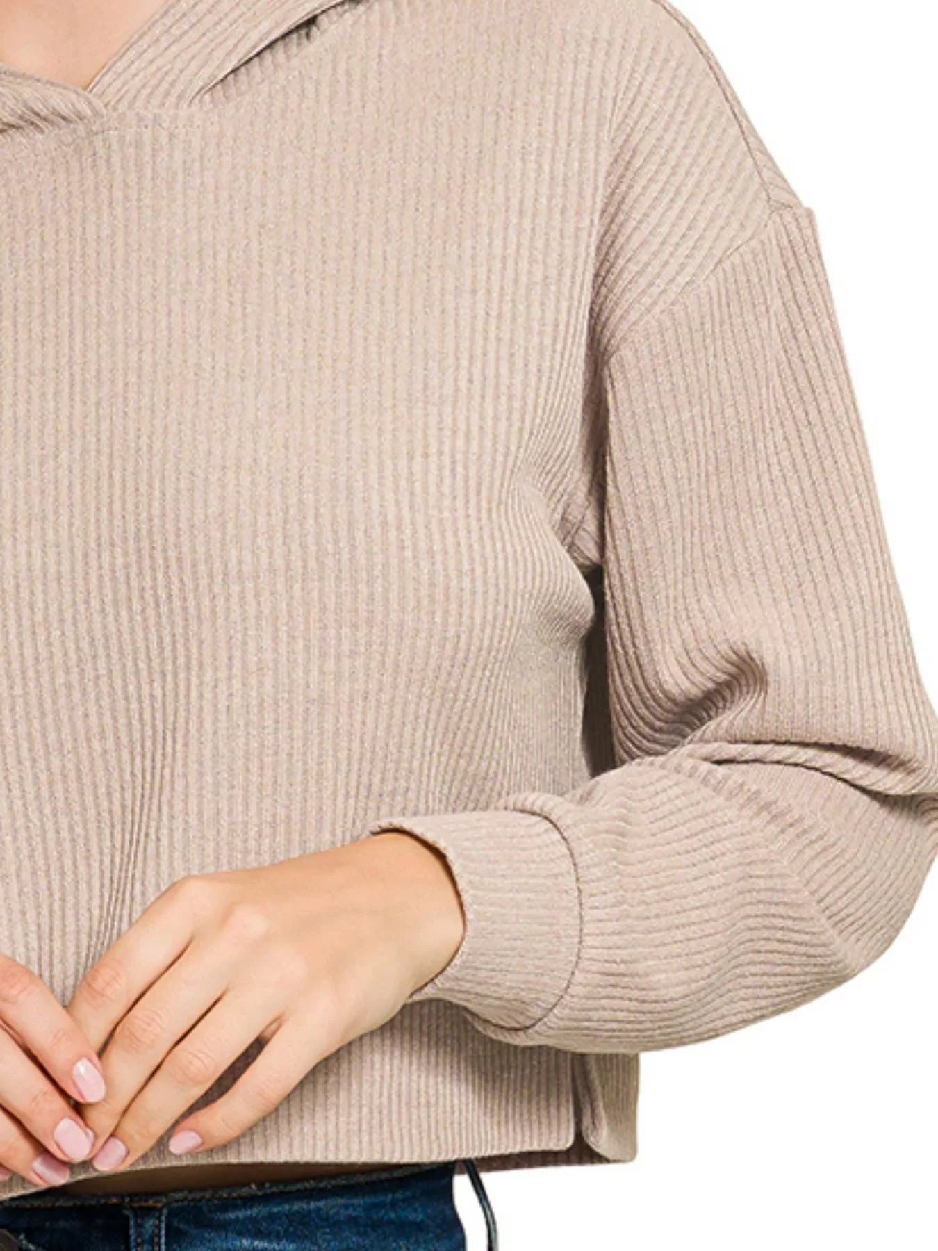 Drop Shoulder Ribbed Crop Hoodie