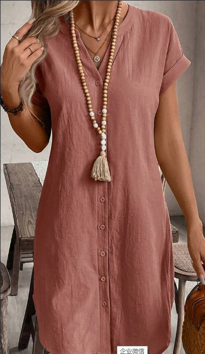 Notched Button Front Batwing Sleeve Cotton Shirt Dress