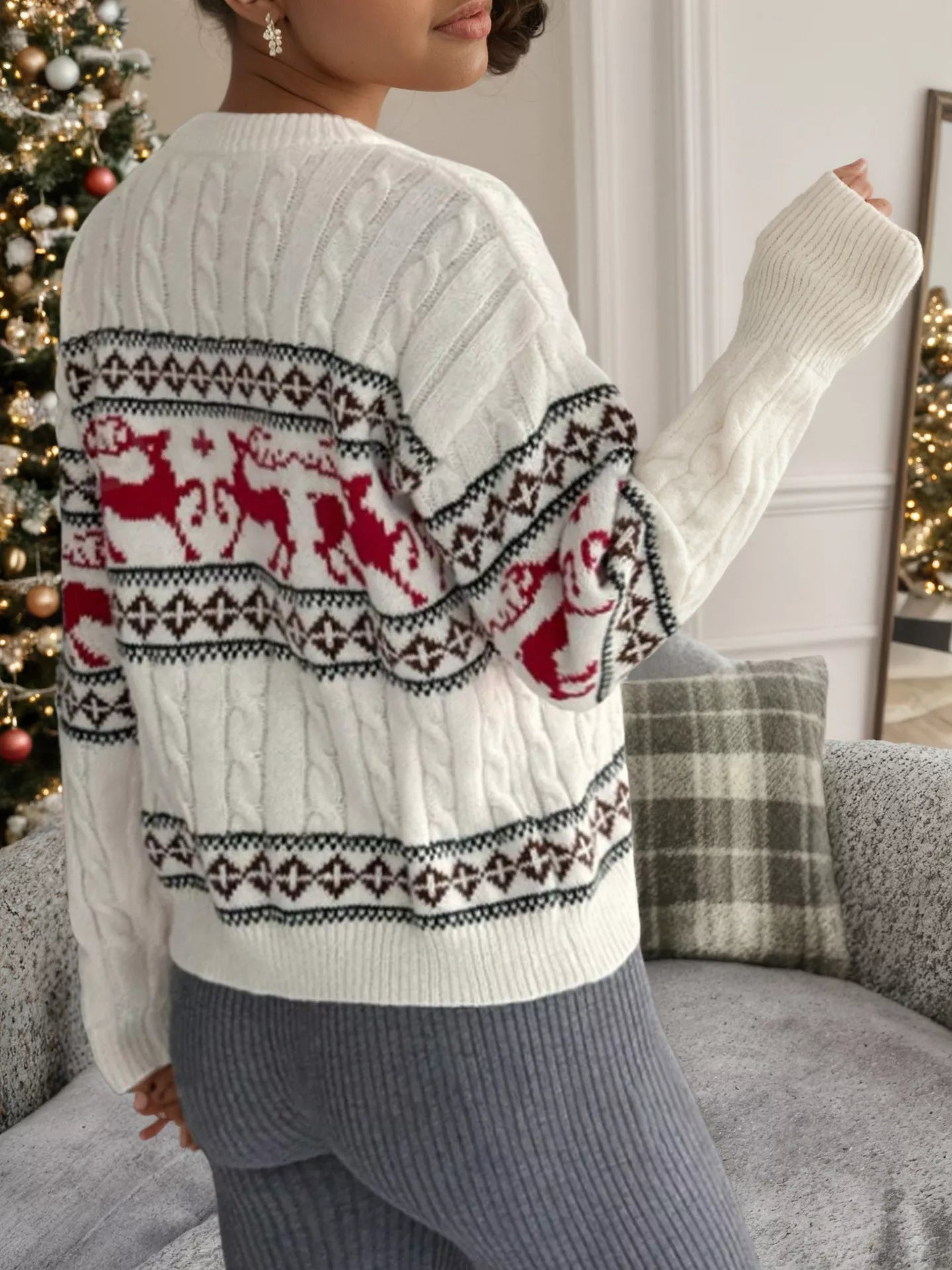Sarah Express Women's Reindeer Pattern Cable Knit Sweater