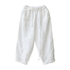 Women's Linen Cropped Pants - Washed Artistic Baggy Trousers with Embroidery & Belt