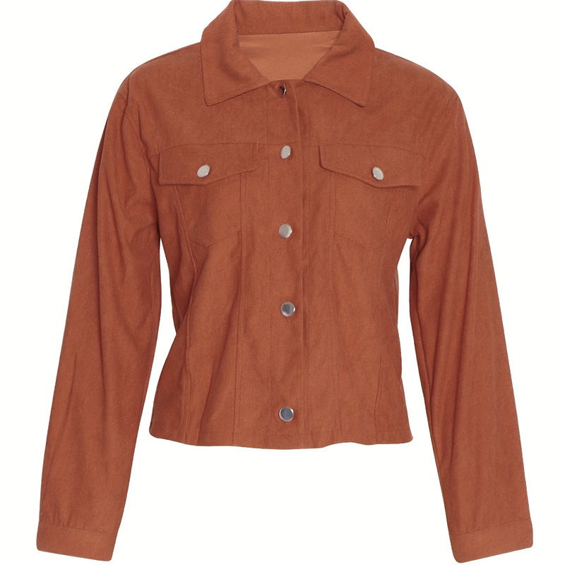 Women's Corduroy Button-Up Jacket Lightweight Fall Spring Outerwear Flap Pockets