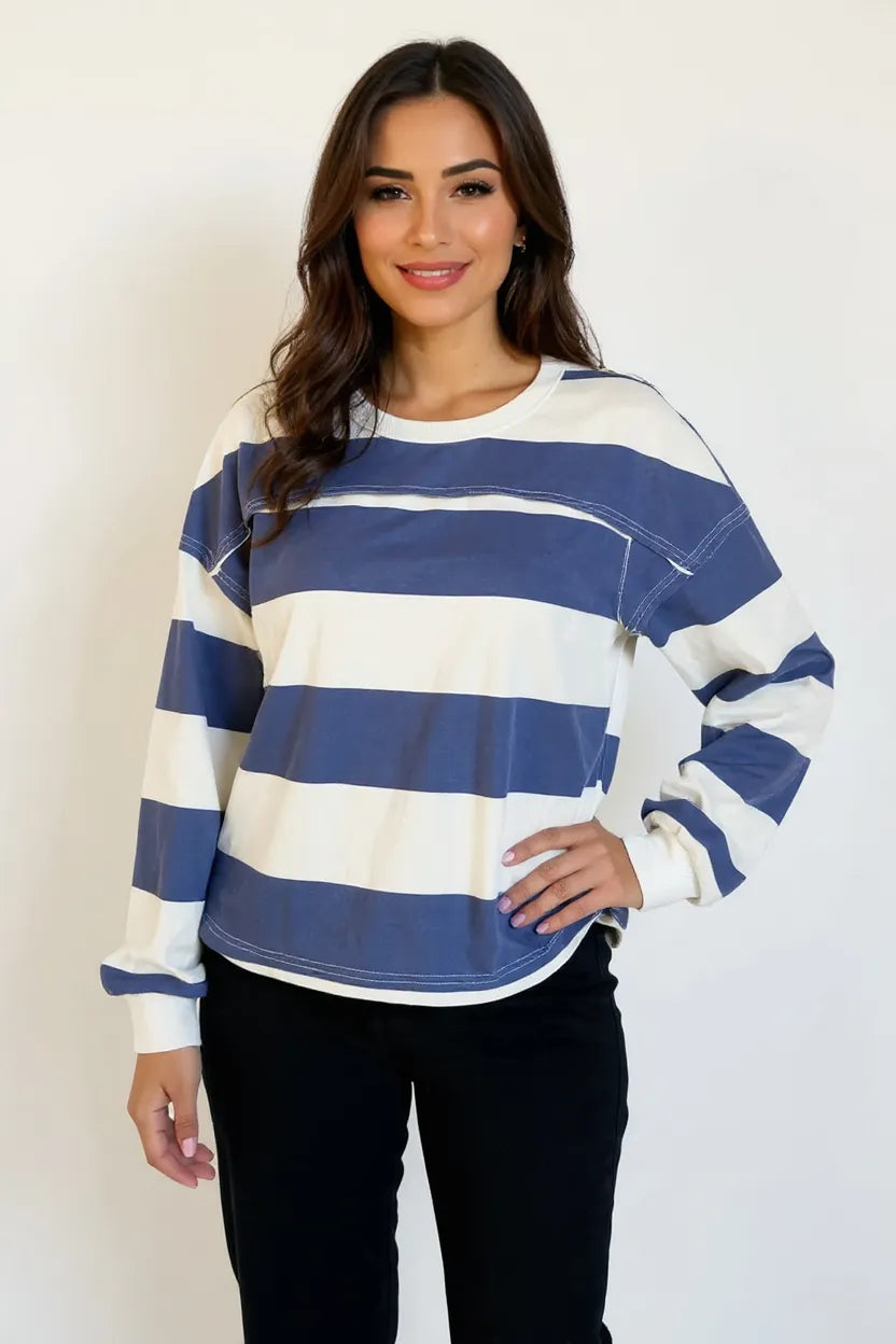 Sarah Express Women's Pima Cotton Striped Long Sleeve T-Shirt - Exposed Seam Detail Dusty Blue