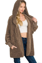 Sarah Express Women’s Oversized Hooded Faux Fur Jacket with Pockets