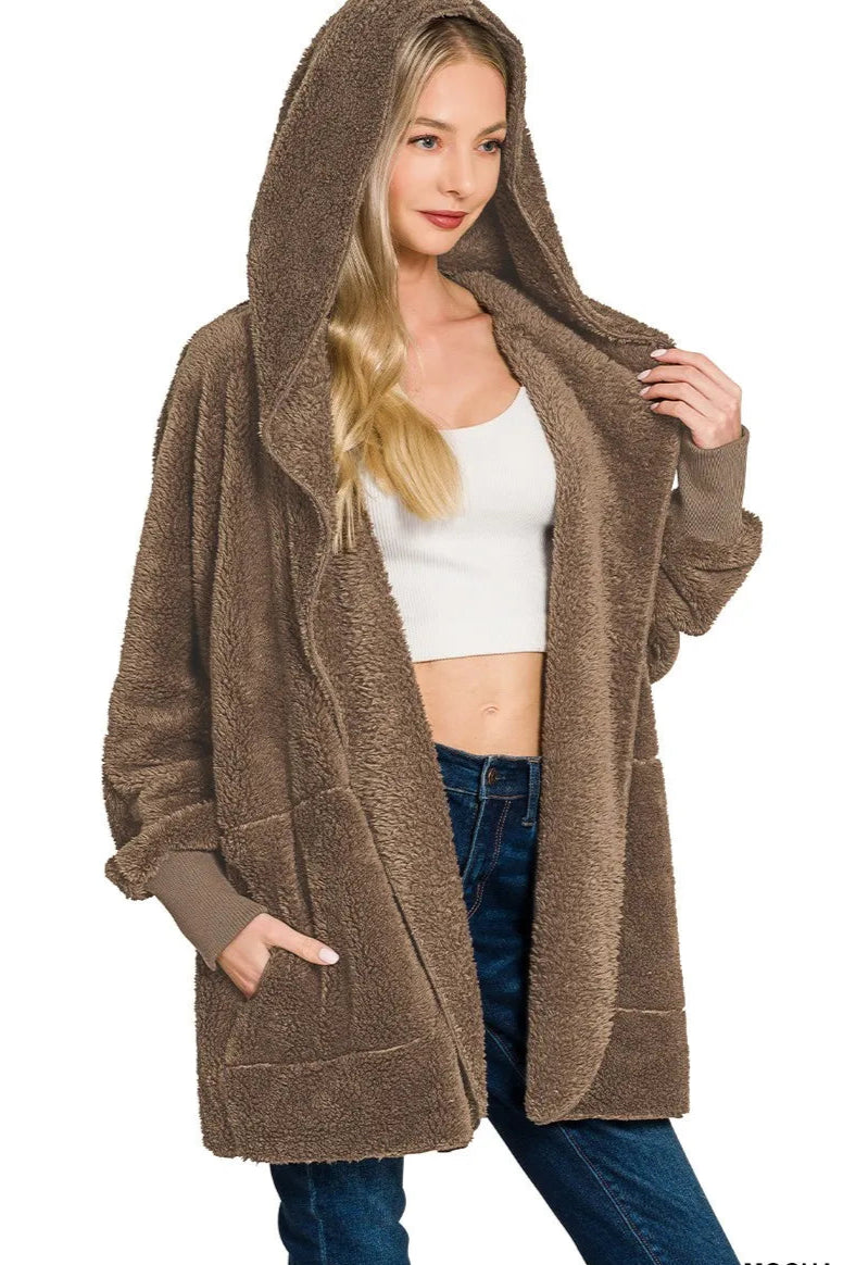 Sarah Express Women’s Oversized Hooded Faux Fur Jacket with Pockets