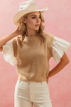 Sarah Express Women's Ruffled Round Neck Short Sleeve Sweater Camel